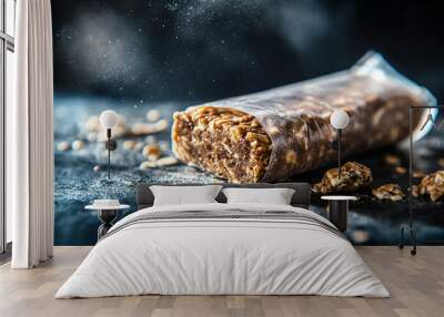 A piece of granola bar is on a table with some crumbs around it Wall mural