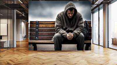 A very depressed man who lost his home, or his job, or his wife, partner or girlfriend, sitting  alone on a becnh in a cold day in a coat, being gloomy and teary. Illustration of depression and loss.  Wall mural