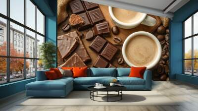 A white mug with coffee and two pieces of chocolate on a wooden table Wall mural