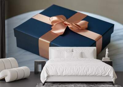 Blue Gift Box with Rose Gold Ribbon on Marble Table Wall mural