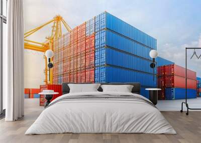 Cargo Containers Stacked at Port Import Export Shipping Logistics Industry Wall mural