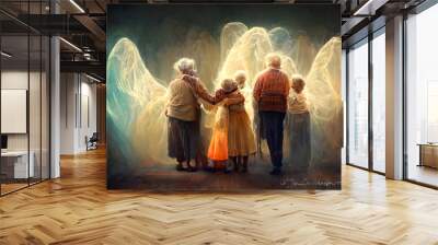 grandchildren, boys and girls, reunite with the guardian grandparents, nana and papa, who are now angels in heaven, protecting their family from above Wall mural