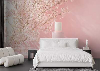 Pink Cosmetic Bottle on Podium with Flowers Wall mural