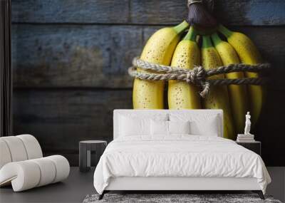 Ripe Bananas Tied with Rope on Wooden Background Wall mural