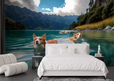 Two dogs - best friends - swimming together in a beautiful calm lake in new zealand with the mountains at the background Wall mural