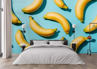 Yellow Bananas Pattern on Blue Background Minimalist Fruit Design Wall mural