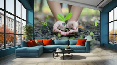 Plant money coins saving growth up to profit interest for concept investment mutual fund finance and business Wall mural