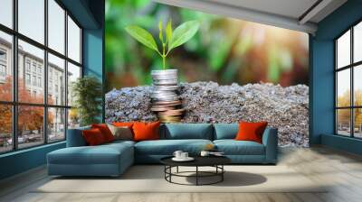 Plant money coins saving growth up to profit interest for concept investment mutual fund finance and business Wall mural