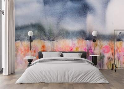 Beautiful landscape of colorful flower field, watercolor painting Wall mural