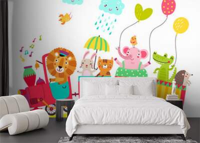 Cheerful train with cute animals Wall mural