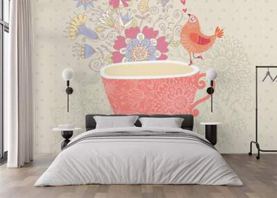 Floral background with birds Wall mural