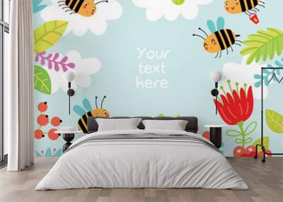 Floral background with cute bees. Wall mural