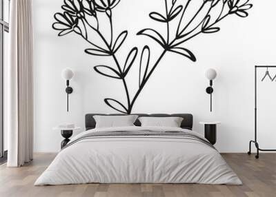 Autumn summer twig sprout of wild plant with leaves and flowers drawn with one black line outline for decorative pattern. Flat doodle style. Vector illustration. Wall mural