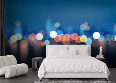 Beautiful horizontal background with a night city in glowing multi-colored lights from lanterns. Vector illustration. Wall mural