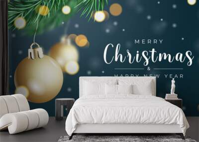 Christmas card banner on a dark background with fir green branches and golden Christmas decorations around glitter for the New Year holiday. Vector illustration. Wall mural