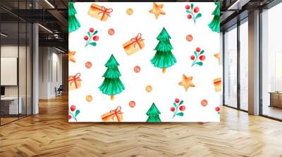 Seamless watercolor pattern  with christmas eve, candy and gif box. Hand drawn illustration can be used for greeting cards, textile printing, wallpaper, wrapping paper and other Wall mural