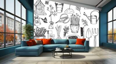 Gardening liner set illustrations vector plants, pots, water can, garden tools Wall mural