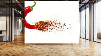  dry organic kashmiri red chili pepper with chili pepper flakes powder burst texture on white background,selective focus,top view,text copy space Wall mural