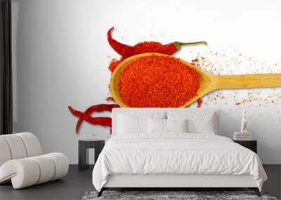  dry organic red chili pepper or kashmiri chili pepper powder in spoon,cutout transparent background,png format,top view Wall mural