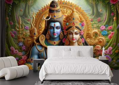 beautiful colorful hindu god lord shiva or sankar,mahadev with goddess parvathy or parvati with flower decoration Wall mural