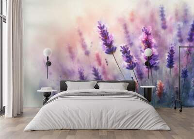 Closeup view of beautiful lavender flowers blooming in blurred soft watercolor type background, copy space  Wall mural