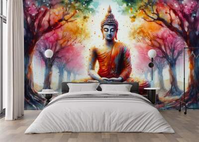 colorful watercolor painting Meditating Buddha statue for meditation, religion, zen, peace, Buddhism related concept Wall mural