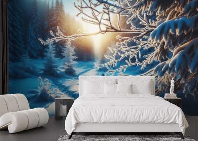 Frozen winter morning forest landscape with snow covered trees, Christmas background, forest background, Wall mural