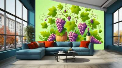 grapes with green stems leaves in soft green background, for fabric, paper,wallpaper  print design Wall mural