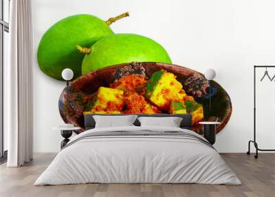 indian gujarati food recipe mango pickle with fresh green mango,cutout in white background Wall mural