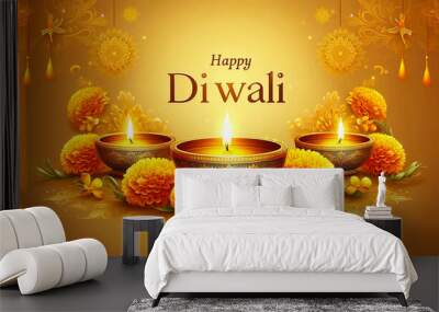 Indian Hindu festival Happy Diwali Greetings card with gold text and gold Diya lamp design and marigold flower flower in soft golden yellow background Wall mural