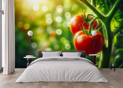 red ripe tomato on plant in garden,bokeh blur background Wall mural