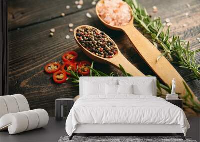 Close up photo of mixed peppercorns and sea salt in wooden spoons, fresh rosemary and garlic on dark wooden background Wall mural