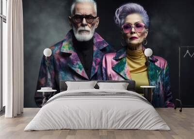 Elegant stylish senior couple in modern outfits portrait Wall mural