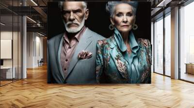 Elegant stylish senior couple in modern outfits portrait Wall mural