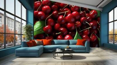 Fresh and ripe cherries with water droplets and green leaves Wall mural