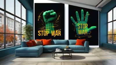 Modern collection of posters flag stop war in the style street art raised fist, palm and skulls acid. Print for clothing sweatshirts and t-shirts isolated black background Wall mural