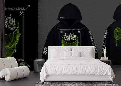 Modern posters face mask in the style of Techno, Rave, Electronic music future virtual reality Polygons space shape connected lines acid. Print layout sweatshirt with hood black background   Wall mural