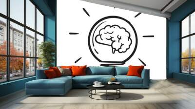 hand drawn Creative idea doodle line icon. Brain in light bulb vector illustration. Thin sign of innovation, solution, education logo.vector Wall mural