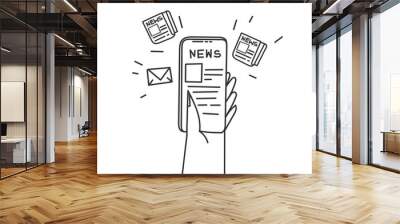 hand drawn doodle reading news on mobile phone illustration vector Wall mural