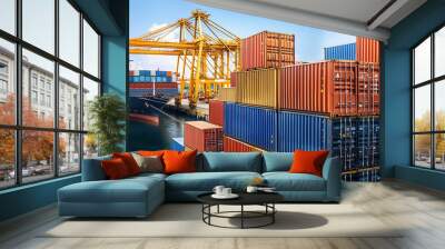 A shipyard filled with stacked containers, ready to be loaded onto cargo ships, Port Logistics, showcasing the scale of global trade infrastructure Wall mural