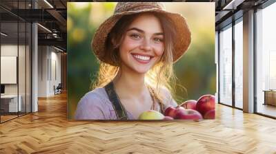 Cheerful organic farm owner holding a basket of fresh fruit, smiling brightly under the sun as they harvest apples from the orchard Wall mural