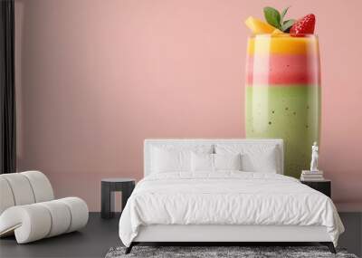 Colorful layered smoothie, with different fruit layers in a tall glass, 3D illustration Wall mural