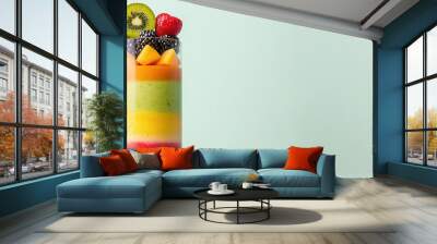 Colorful layered smoothie, with different fruit layers in a tall glass, 3D illustration Wall mural