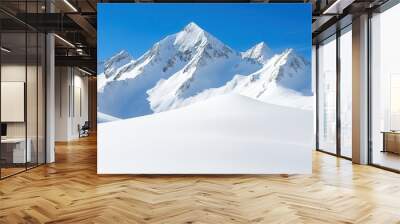 Snow-covered mountain landscape, peaks glistening in the sunlight, clear blue sky, untouched white snow, serene and majestic view, copy space for adventure and winter themes Wall mural