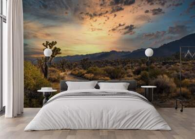 This beautiful outdoor image captures a golden sky right before sunset in a remote desert landscape.  Wall mural