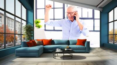 Senior businessman making a call while working on his notebook at the office desk Wall mural