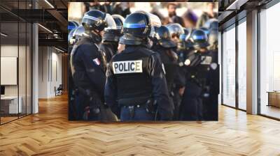 Helmeted police officers photographed from behind during a protest Wall mural