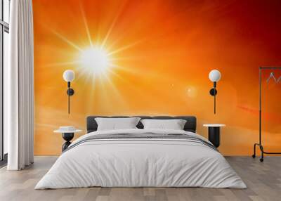 Orange sky with bright sun symbolizing climate change and global warming Wall mural