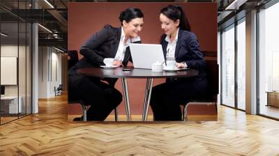 two 20s business women with laptop and coffee 2 Wall mural