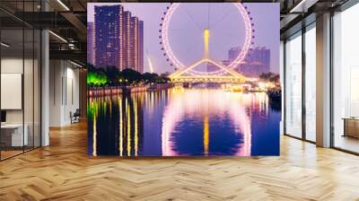 Night scene cityscape of Tianjin ferris wheel,Tianjin eyes in twilight time.Most Modern and popular landmark in Tianjin city. Wall mural